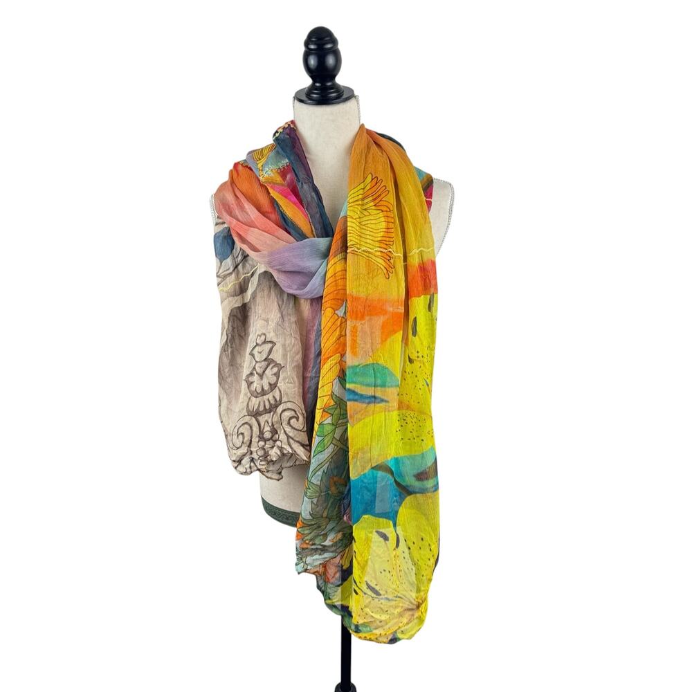 Multicolored Embroidered Chiffon Long Scarf Dupatta Lillies